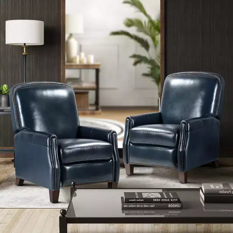 Set of 2 Deborah Modern Wooden Upholstery Modern Genuine Leather Recliner with Nailhead Trim for Living Room and Bedroom| ART OF LIVING DESIGNS