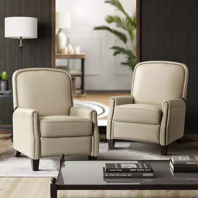 Set of 2 Deborah Modern Wooden Upholstery Modern Genuine Leather Recliner with Nailhead Trim for Living Room and Bedroom| ART OF LIVING DESIGNS