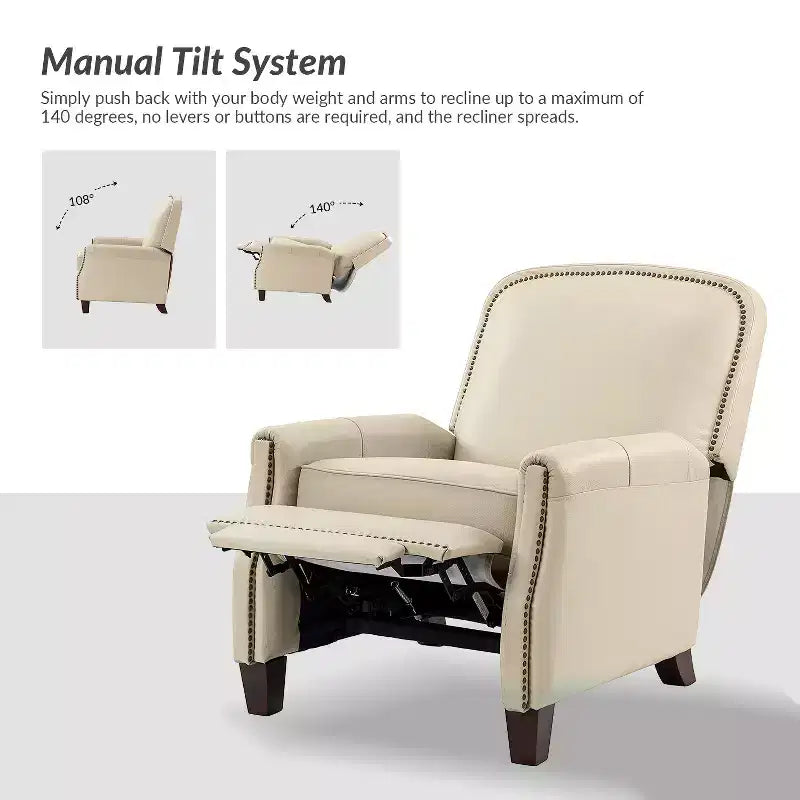 Set of 2 Deborah Modern Wooden Upholstery Modern Genuine Leather Recliner with Nailhead Trim for Living Room and Bedroom| ART OF LIVING DESIGNS