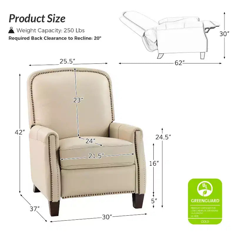 Set of 2 Deborah Modern Wooden Upholstery Modern Genuine Leather Recliner with Nailhead Trim for Living Room and Bedroom| ART OF LIVING DESIGNS