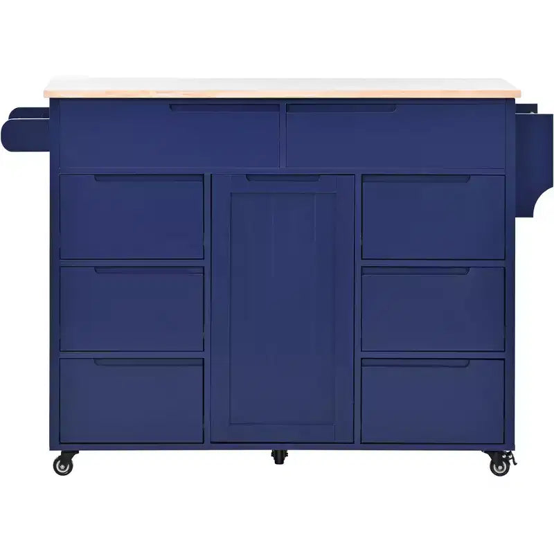 Rubberwood Countertop Kitchen Island, Kitchen Trolley with 5 Wheels, Spice Rack and 8 Drawers - ModernLuxe