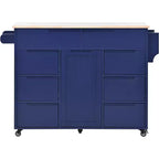 Rubberwood Countertop Kitchen Island, Kitchen Trolley with 5 Wheels, Spice Rack and 8 Drawers - ModernLuxe