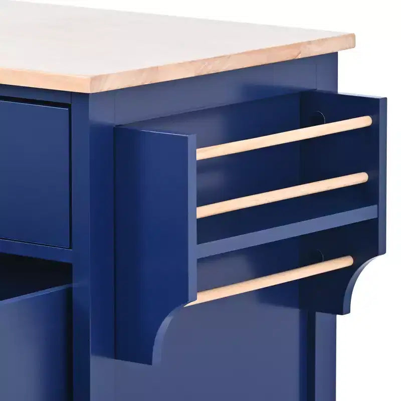 Rubberwood Countertop Kitchen Island, Kitchen Trolley with 5 Wheels, Spice Rack and 8 Drawers - ModernLuxe