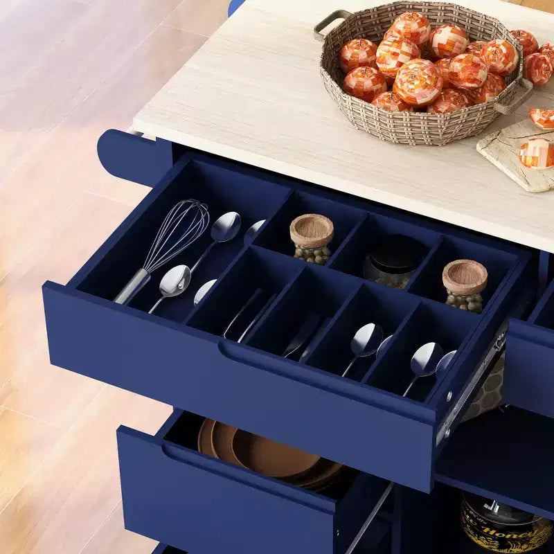 Rubberwood Countertop Kitchen Island, Kitchen Trolley with 5 Wheels, Spice Rack and 8 Drawers - ModernLuxe