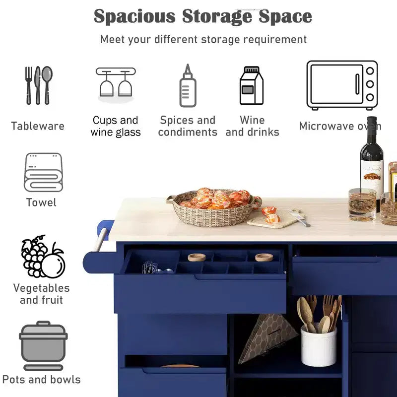 Rubberwood Countertop Kitchen Island, Kitchen Trolley with 5 Wheels, Spice Rack and 8 Drawers - ModernLuxe
