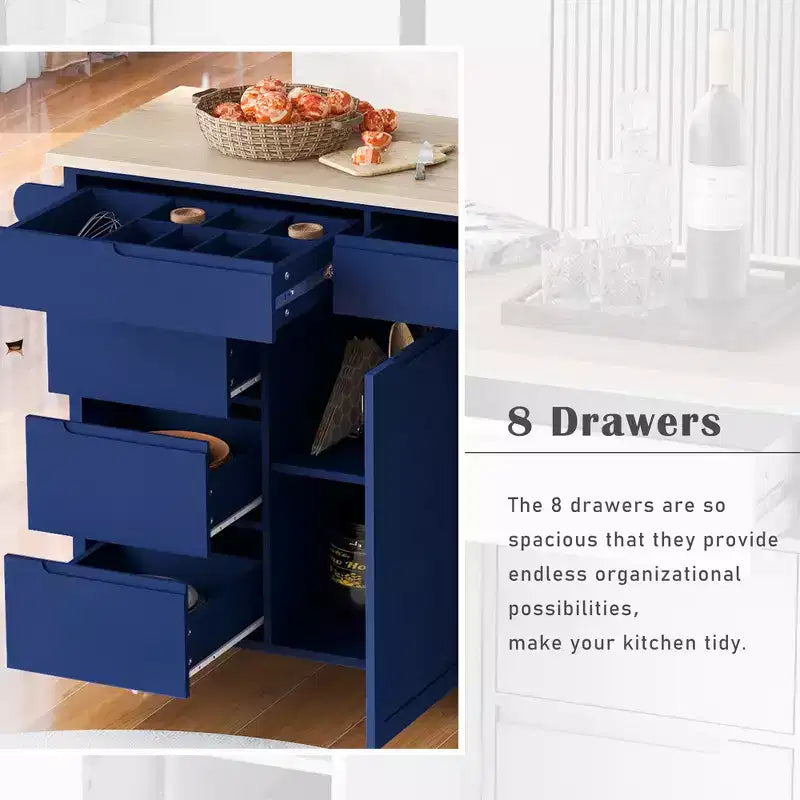 Rubberwood Countertop Kitchen Island, Kitchen Trolley with 5 Wheels, Spice Rack and 8 Drawers - ModernLuxe