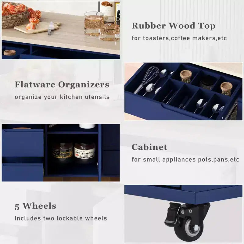 Rubberwood Countertop Kitchen Island, Kitchen Trolley with 5 Wheels, Spice Rack and 8 Drawers - ModernLuxe