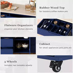Rubberwood Countertop Kitchen Island, Kitchen Trolley with 5 Wheels, Spice Rack and 8 Drawers - ModernLuxe