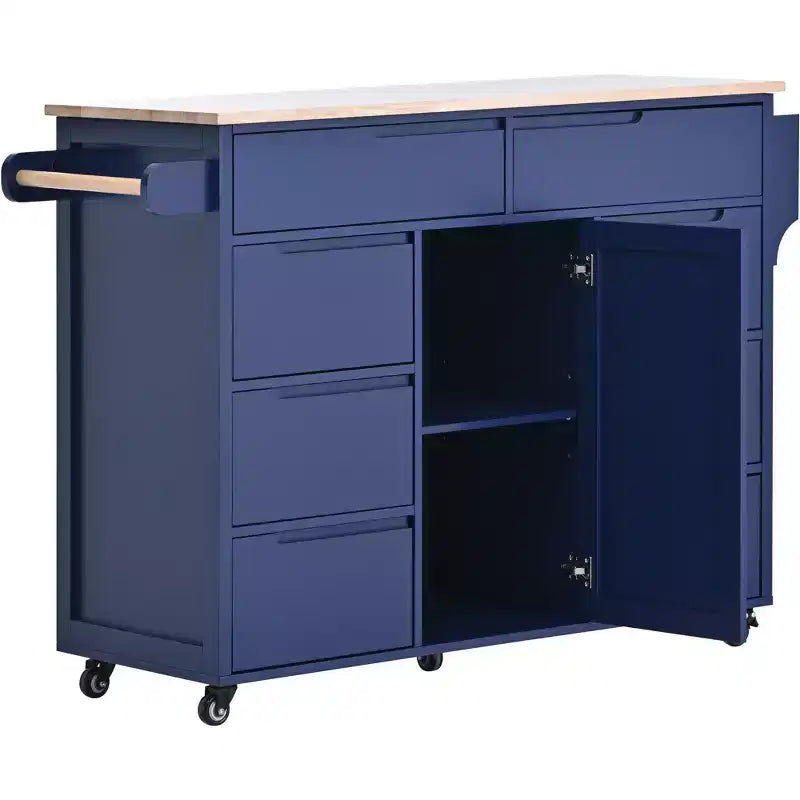 Rubberwood Countertop Kitchen Island, Kitchen Trolley with 5 Wheels, Spice Rack and 8 Drawers - ModernLuxe
