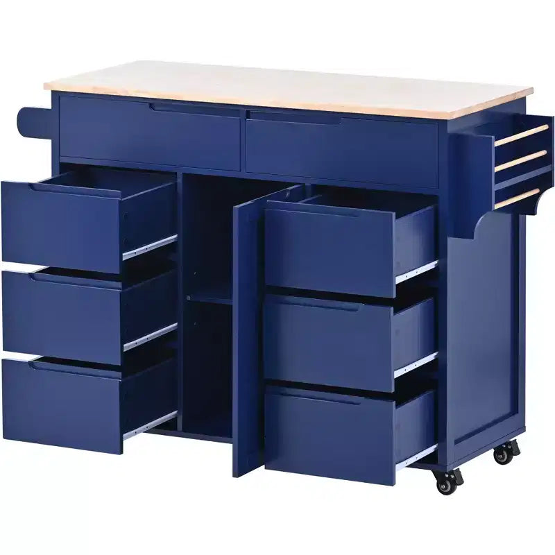 Rubberwood Countertop Kitchen Island, Kitchen Trolley with 5 Wheels, Spice Rack and 8 Drawers - ModernLuxe