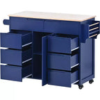 Rubberwood Countertop Kitchen Island, Kitchen Trolley with 5 Wheels, Spice Rack and 8 Drawers - ModernLuxe