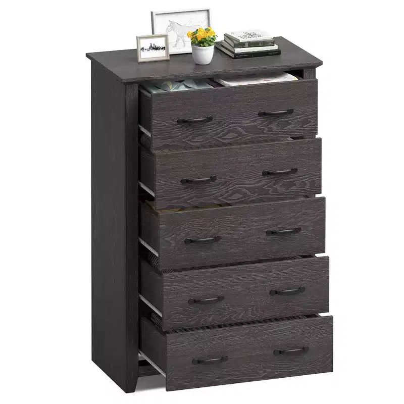 Costway Cassettiera a 5 Cassetti Mobile Contenitore Comodino Alto Organizzatore per Camera da Letto Ingresso Grigio Scuro/Noce