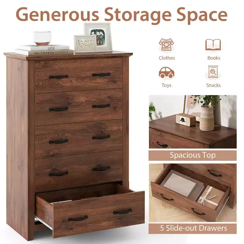 Costway Cassettiera a 5 Cassetti Mobile Contenitore Comodino Alto Organizzatore per Camera da Letto Ingresso Grigio Scuro/Noce