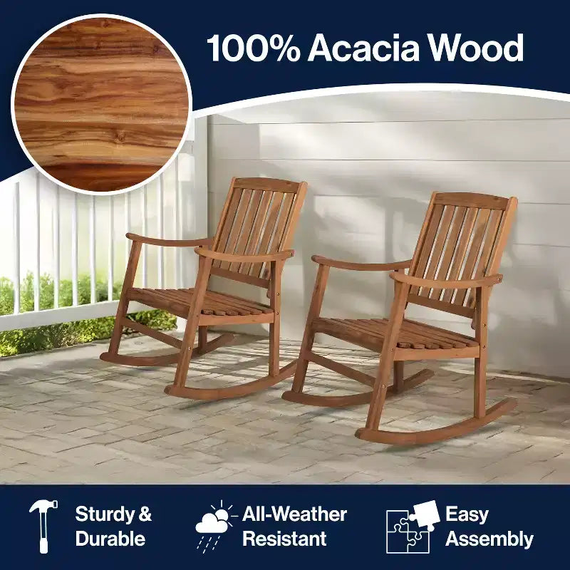 Perry Classic Slat-Back Acacia Wood Patio Outdoor Rocking Chair (Set of 2) - JONATHAN Y