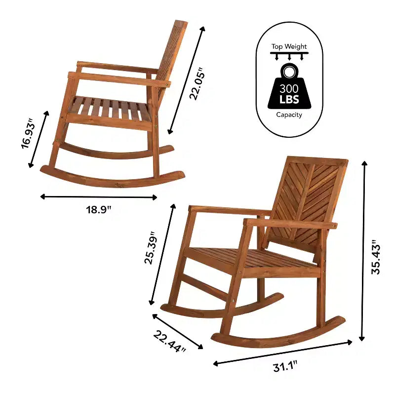 Sedia a dondolo JONATHAN Y Ned in legno di acacia con schienale a chevron moderno, capacità 136 kg, per esterni e patio