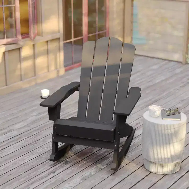 Flash Furniture Newport Adirondack Rocking Chair with Cup Holder, Weather Resistant HDPE Adirondack Rocking Chair