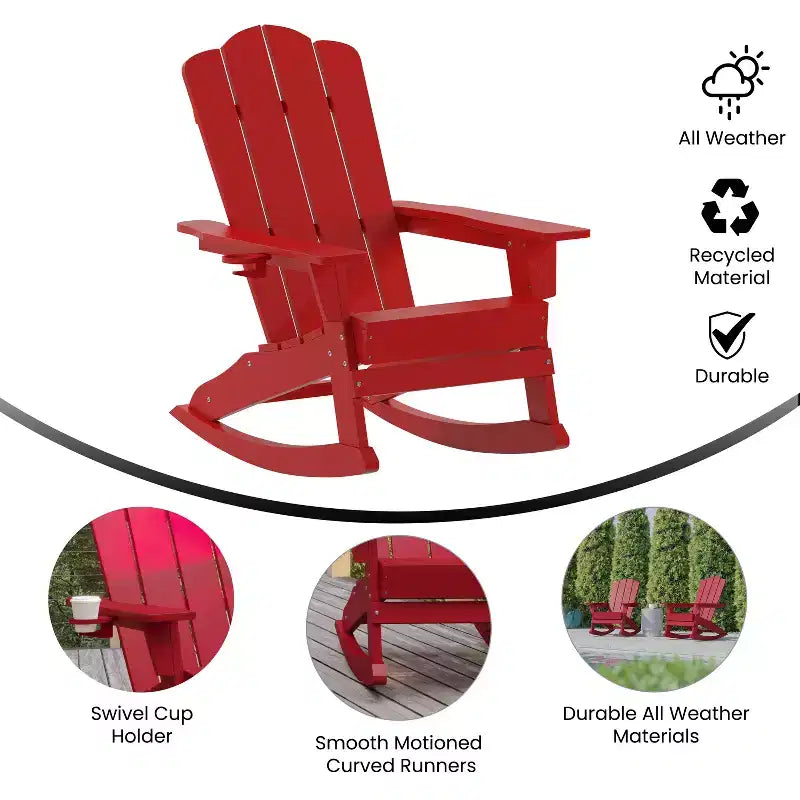 Flash Furniture Newport Adirondack Rocking Chair with Cup Holder, Weather Resistant HDPE Adirondack Rocking Chair