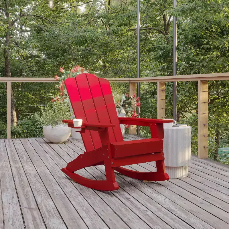 Sedia a dondolo Adirondack Newport di Flash Furniture con portabicchieri, sedia a dondolo Adirondack in HDPE resistente alle intemperie