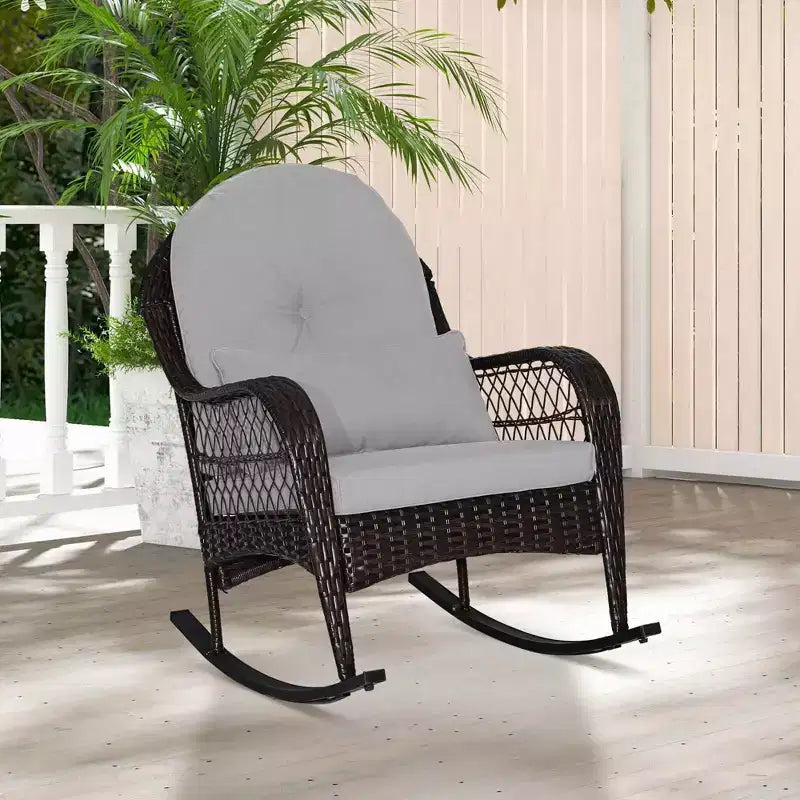 Costway Sedia a dondolo da patio in vimini con cuscini per schienale e cuscino lombare per portico bianco sporco/arancione/grigio/nero/blu
