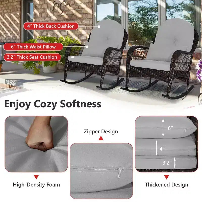 Costway Sedia a dondolo da patio in vimini con cuscini per schienale e cuscino lombare per portico bianco sporco/arancione/grigio/nero/blu