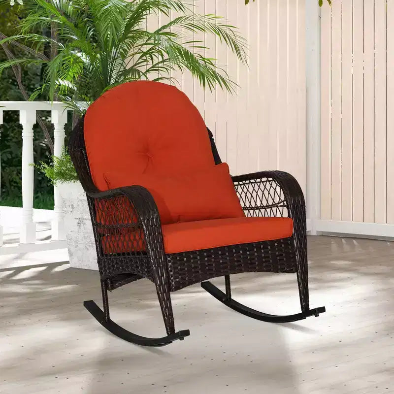Costway Sedia a dondolo da patio in vimini con cuscini per schienale e cuscino lombare per portico bianco sporco/arancione/grigio/nero/blu