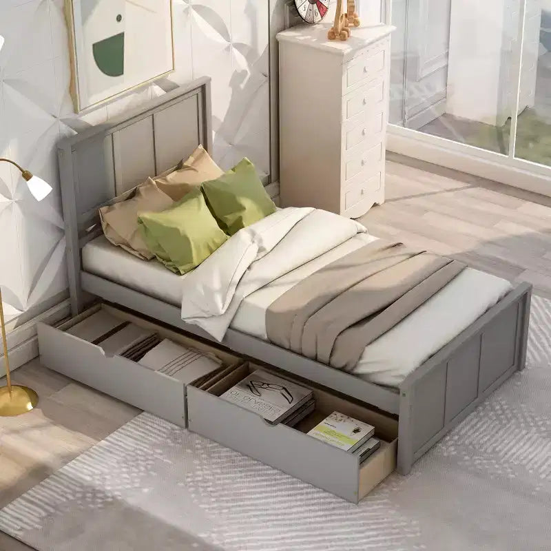 ModernLuxe - Letto a piattaforma in legno con rotelle e due cassetti, misura singola