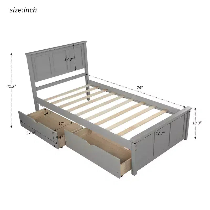 ModernLuxe - Letto a piattaforma in legno con rotelle e due cassetti, misura singola