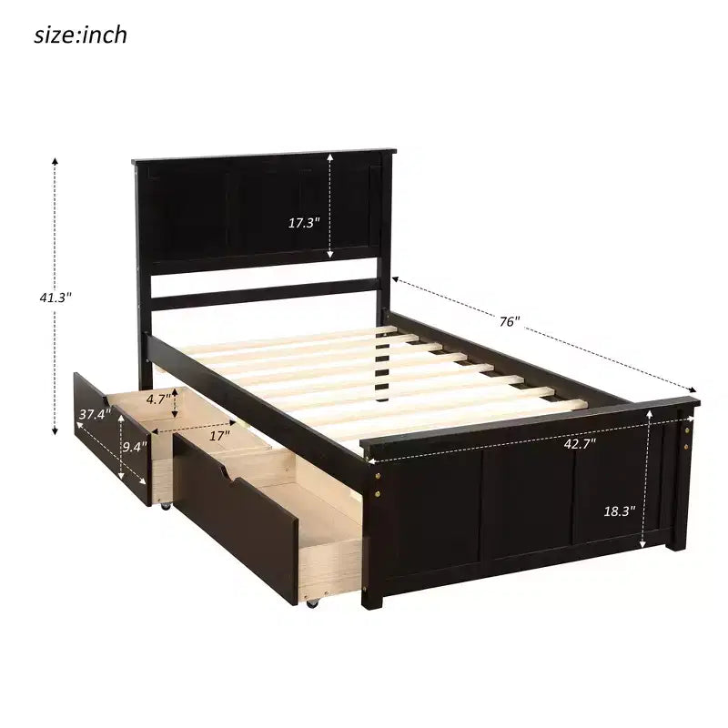 ModernLuxe - Letto a piattaforma in legno con rotelle e due cassetti, misura singola