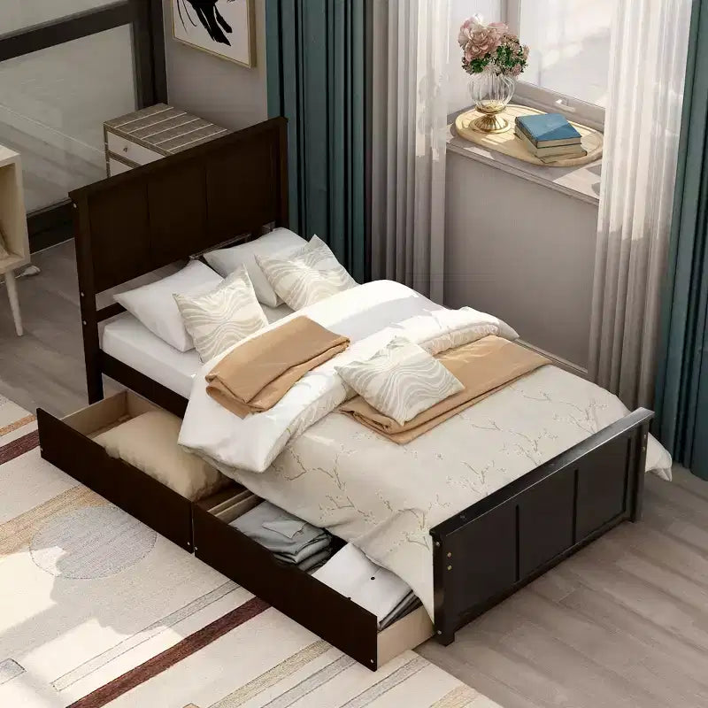 Twin Size Wood Platform Storage Bed with Trundle Bed/ Two Drawers-ModernLuxe