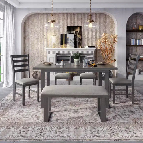 Set da pranzo rustico in legno da 6 pezzi con sedie e panca, grigio-ModernLuxe