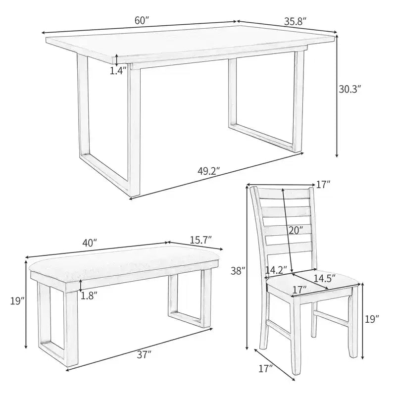 6-Piece Rustic Wood Dining Table Set with Chairs and Bench,Gray-ModernLuxe