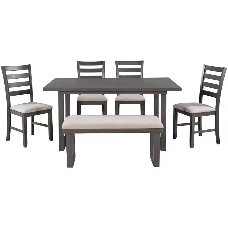6-Piece Rustic Wood Dining Table Set with Chairs and Bench,Gray-ModernLuxe