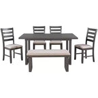6-Piece Rustic Wood Dining Table Set with Chairs and Bench,Gray-ModernLuxe