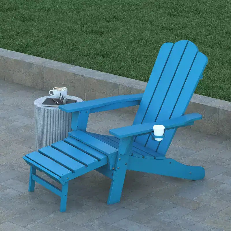 Emma and Oliver Set of 2 Adirondack Chairs with Cup Holders and Pull Out Ottoman, All-Weather HDPE Indoor/Outdoor Lounge Chairs