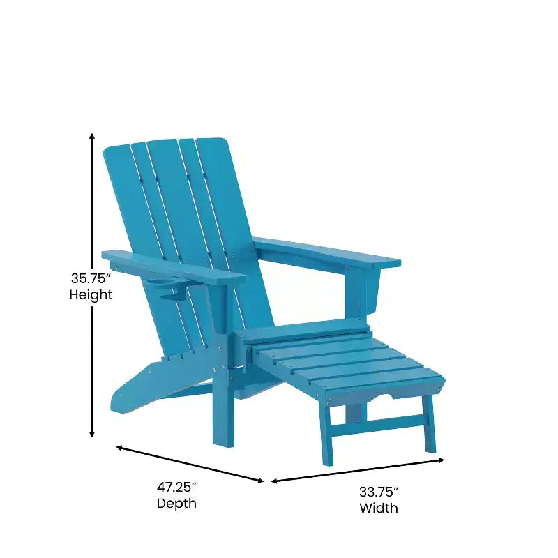 Emma and Oliver Set of 2 Adirondack Chairs with Cup Holders and Pull Out Ottoman, All-Weather HDPE Indoor/Outdoor Lounge Chairs
