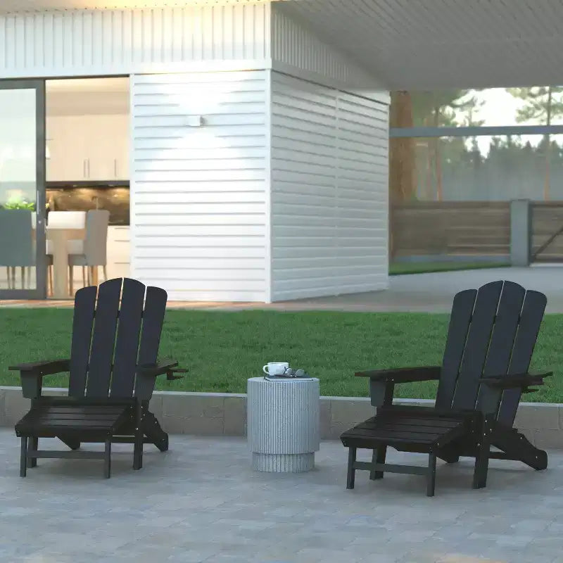 Emma and Oliver Set of 2 Adirondack Chairs with Cup Holders and Pull Out Ottoman, All-Weather HDPE Indoor/Outdoor Lounge Chairs