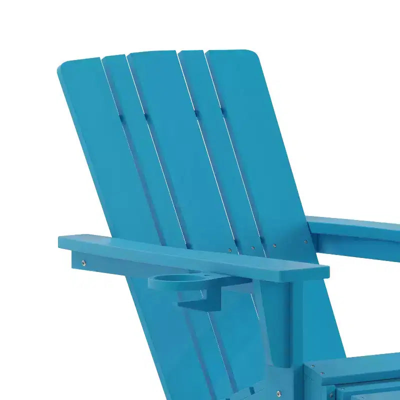 Emma and Oliver Set of 2 Adirondack Chairs with Cup Holders and Pull Out Ottoman, All-Weather HDPE Indoor/Outdoor Lounge Chairs