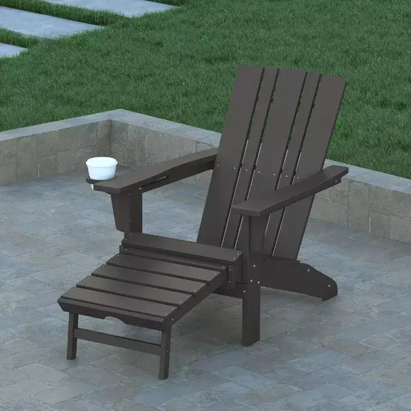 Emma and Oliver Set of 2 Adirondack Chairs with Cup Holders and Pull Out Ottoman, All-Weather HDPE Indoor/Outdoor Lounge Chairs
