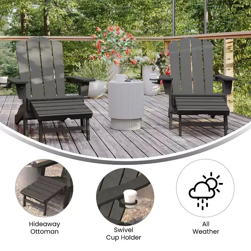 Emma and Oliver Set of 2 Adirondack Chairs with Cup Holders and Pull Out Ottoman, All-Weather HDPE Indoor/Outdoor Lounge Chairs