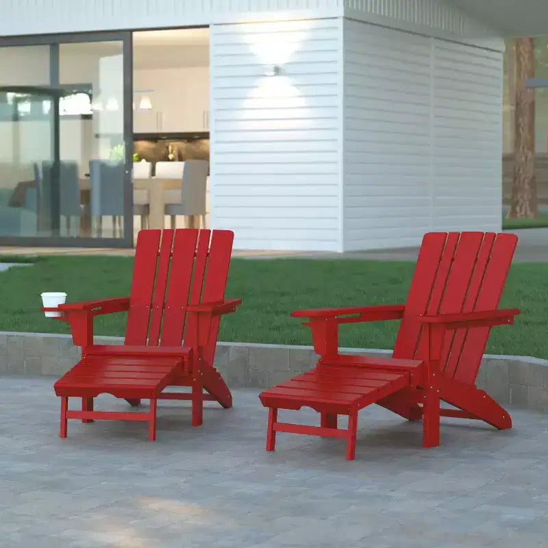 Emma and Oliver Set of 2 Adirondack Chairs with Cup Holders and Pull Out Ottoman, All-Weather HDPE Indoor/Outdoor Lounge Chairs