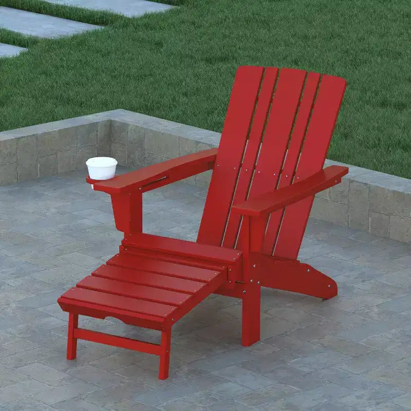 Emma and Oliver Set of 2 Adirondack Chairs with Cup Holders and Pull Out Ottoman, All-Weather HDPE Indoor/Outdoor Lounge Chairs