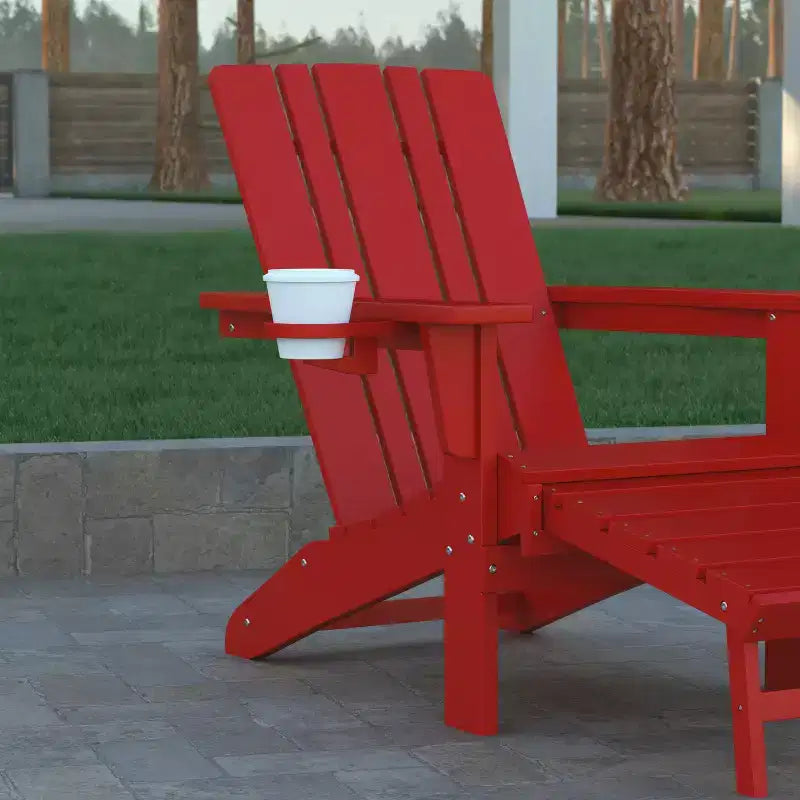 Emma and Oliver Set of 2 Adirondack Chairs with Cup Holders and Pull Out Ottoman, All-Weather HDPE Indoor/Outdoor Lounge Chairs
