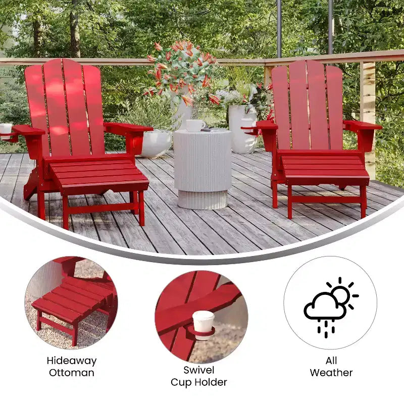 Emma and Oliver Set of 2 Adirondack Chairs with Cup Holders and Pull Out Ottoman, All-Weather HDPE Indoor/Outdoor Lounge Chairs