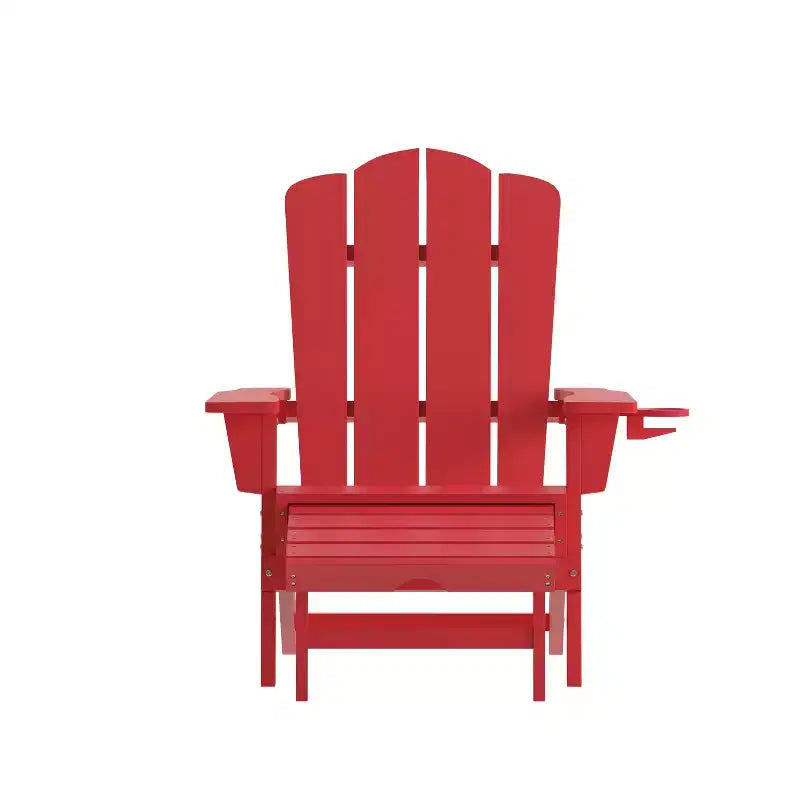 Emma and Oliver Set of 2 Adirondack Chairs with Cup Holders and Pull Out Ottoman, All-Weather HDPE Indoor/Outdoor Lounge Chairs