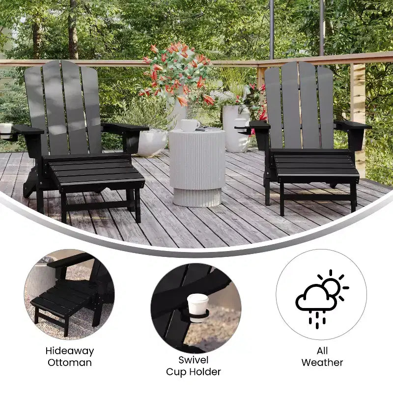 Emma and Oliver Set of 2 Adirondack Chairs with Cup Holders and Pull Out Ottoman, All-Weather HDPE Indoor/Outdoor Lounge Chairs