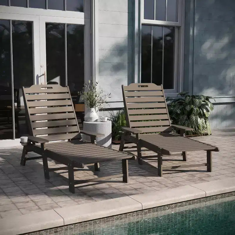 Emma and Oliver Set of 2 Poly Resin Adjustable Adirondack Lounger with Swivel Cup Holder for Indoor/Outdoor Use