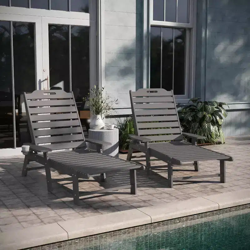 Emma and Oliver Set of 2 Poly Resin Adjustable Adirondack Lounger with Swivel Cup Holder for Indoor/Outdoor Use