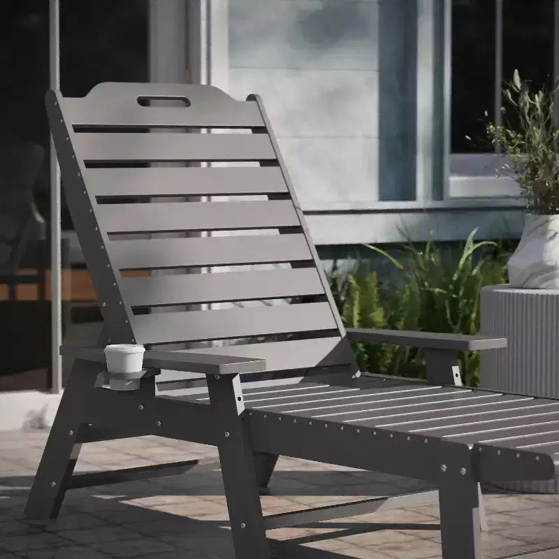 Emma and Oliver Set of 2 Poly Resin Adjustable Adirondack Lounger with Swivel Cup Holder for Indoor/Outdoor Use
