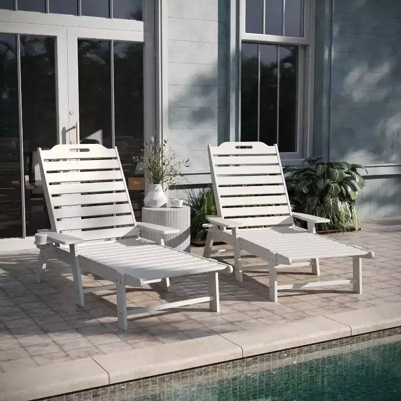 Emma and Oliver Set of 2 Poly Resin Adjustable Adirondack Lounger with Swivel Cup Holder for Indoor/Outdoor Use