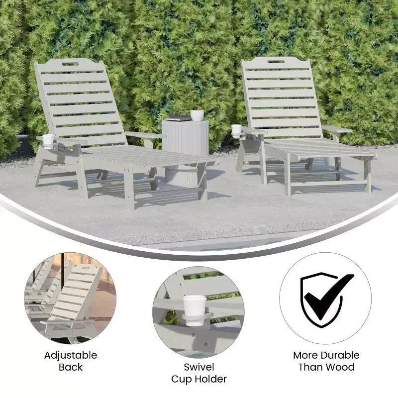 Emma and Oliver Set of 2 Poly Resin Adjustable Adirondack Lounger with Swivel Cup Holder for Indoor/Outdoor Use